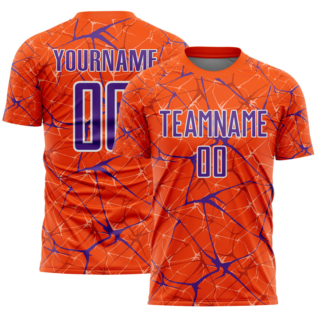 Custom Orange Purple-White Abstract Network Crackle Sublimation Soccer Uniform Jersey