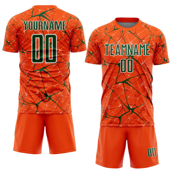 Custom Orange Green-White Abstract Network Crackle Sublimation Soccer Uniform Jersey