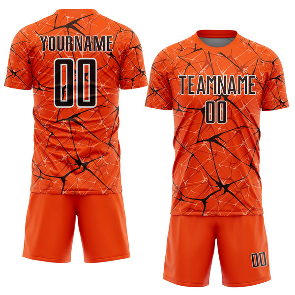 Custom Orange Brown-White Abstract Network Crackle Sublimation Soccer Uniform Jersey