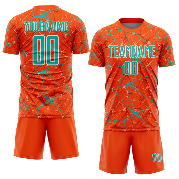 Custom Orange Aqua-White Abstract Network Crackle Sublimation Soccer Uniform Jersey