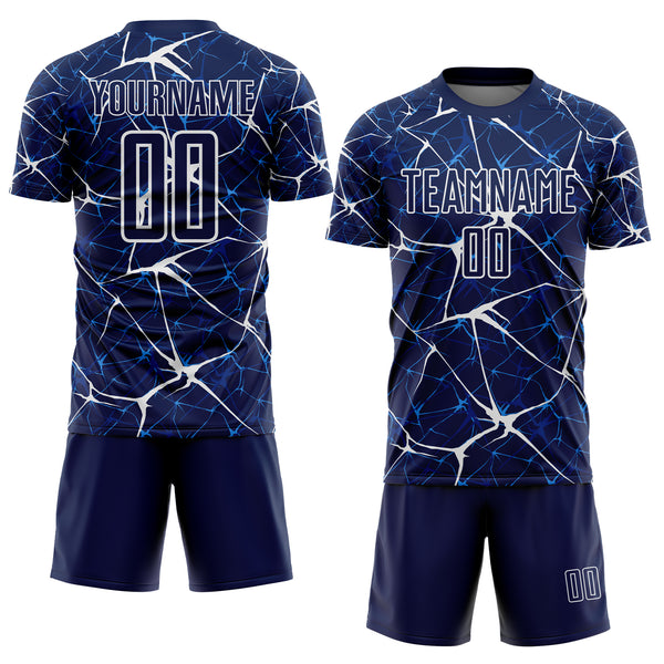 Custom Navy-White Abstract Network Crackle Sublimation Soccer Uniform Jersey