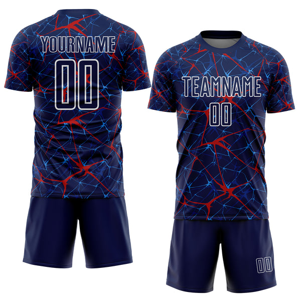Custom Navy Red-White Abstract Network Crackle Sublimation Soccer Uniform Jersey