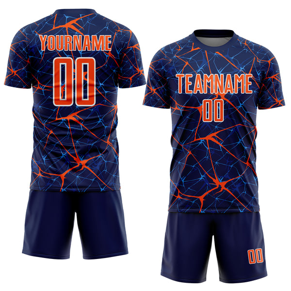Custom Navy Orange-White Abstract Network Crackle Sublimation Soccer Uniform Jersey
