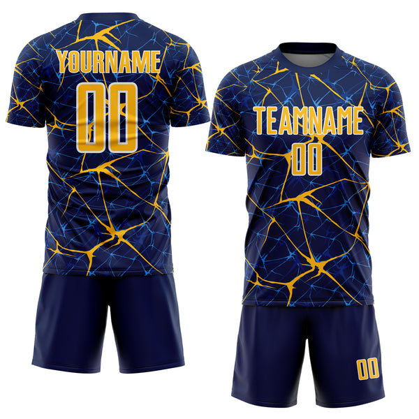 Custom Navy Gold-White Abstract Network Crackle Sublimation Soccer Uniform Jersey