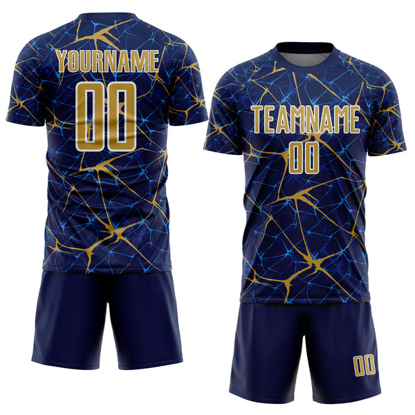 Custom Navy Old Gold-White Abstract Network Crackle Sublimation Soccer Uniform Jersey
