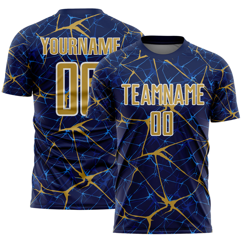 Custom Navy Old Gold-White Abstract Network Crackle Sublimation Soccer Uniform Jersey