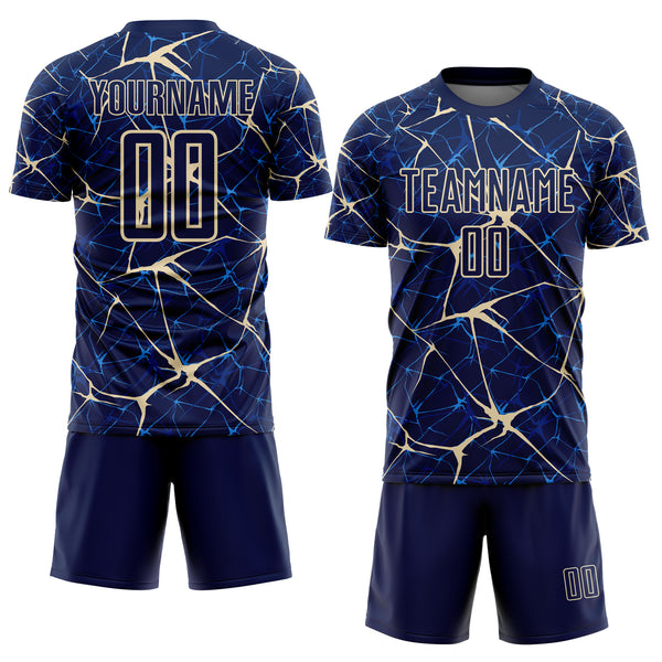 Custom Navy-Cream Abstract Network Crackle Sublimation Soccer Uniform Jersey
