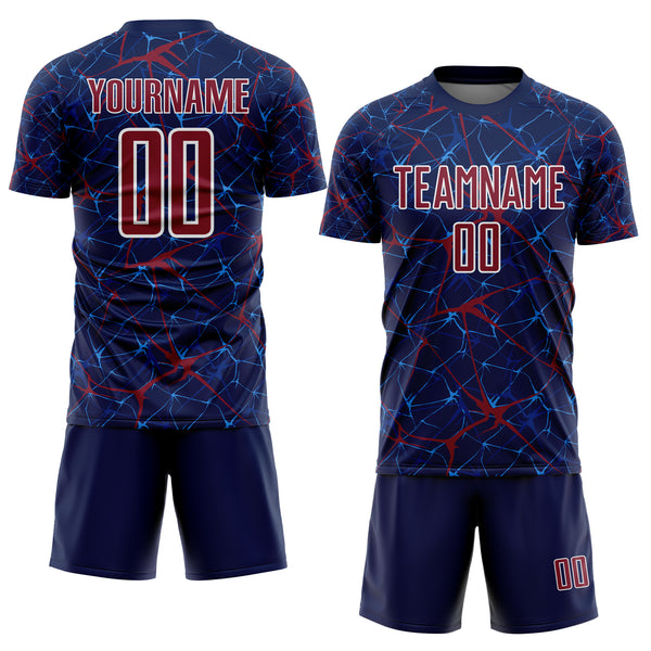 Custom Navy Crimson-White Abstract Network Crackle Sublimation Soccer Uniform Jersey