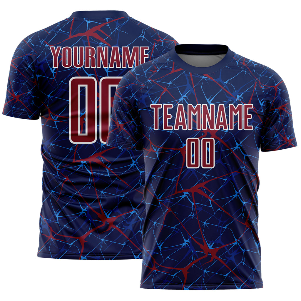 Custom Navy Crimson-White Abstract Network Crackle Sublimation Soccer Uniform Jersey