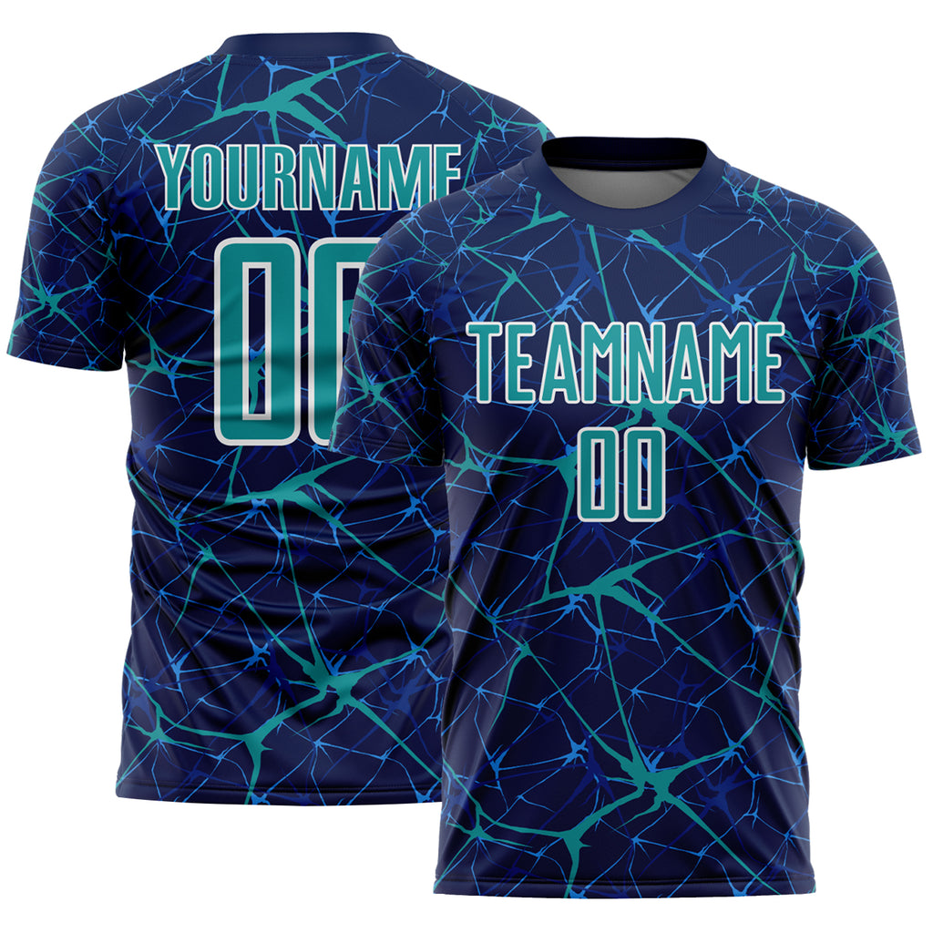 Custom Navy Teal-White Abstract Network Crackle Sublimation Soccer Uniform Jersey