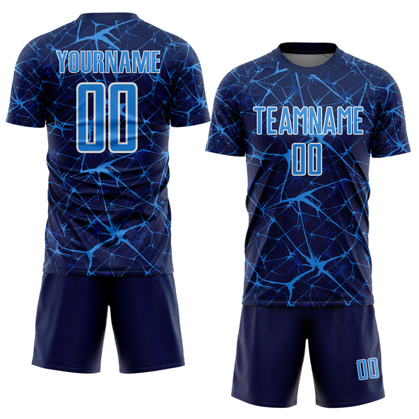 Custom Navy Powder Blue-White Abstract Network Crackle Sublimation Soccer Uniform Jersey