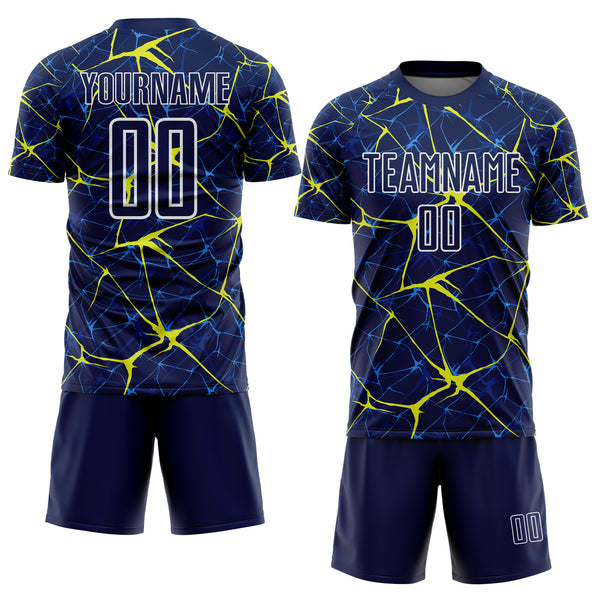Custom Navy Neon Yellow-White Abstract Network Crackle Sublimation Soccer Uniform Jersey