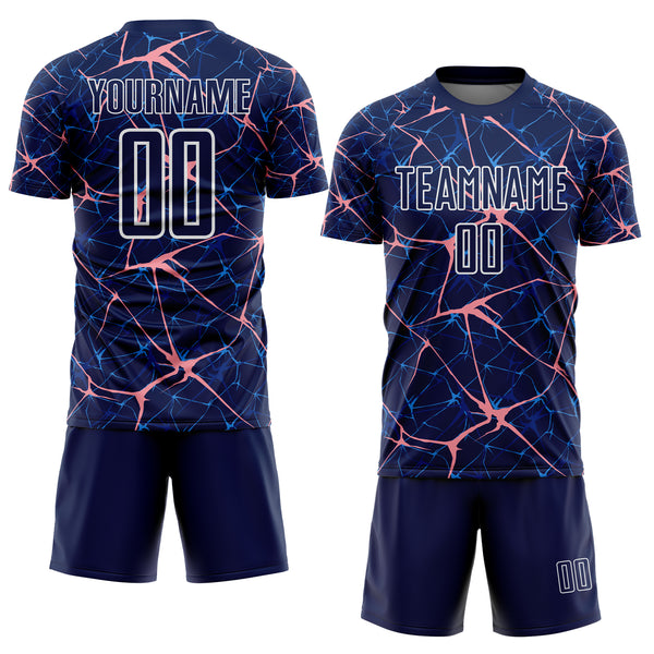 Custom Navy Medium Pink-White Abstract Network Crackle Sublimation Soccer Uniform Jersey