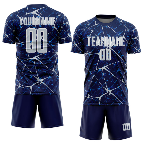 Custom Navy Silver-White Abstract Network Crackle Sublimation Soccer Uniform Jersey