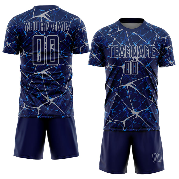 Custom Navy-Gray Abstract Network Crackle Sublimation Soccer Uniform Jersey