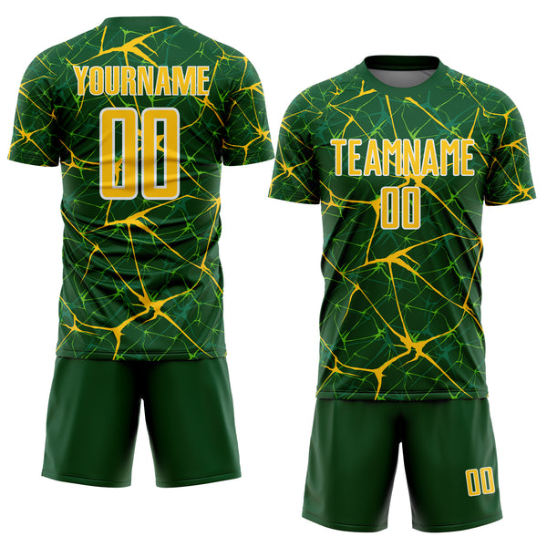 Custom Green Yellow-White Abstract Network Crackle Sublimation Soccer Uniform Jersey