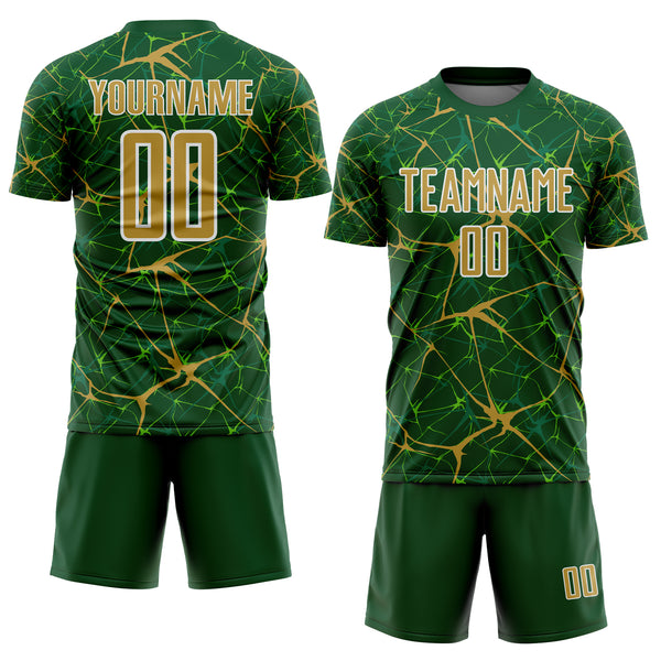 Custom Green Old Gold-White Abstract Network Crackle Sublimation Soccer Uniform Jersey
