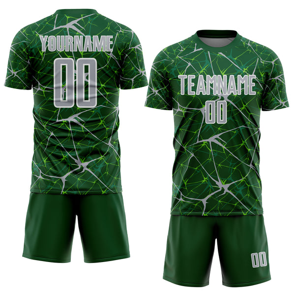 Custom Green Gray-White Abstract Network Crackle Sublimation Soccer Uniform Jersey