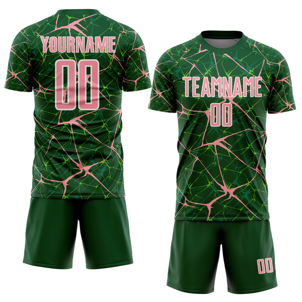 Custom Green Medium Pink-White Abstract Network Crackle Sublimation Soccer Uniform Jersey