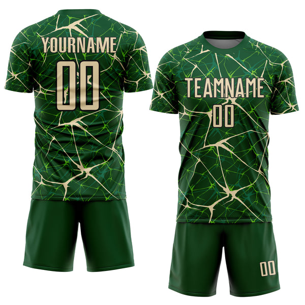 Custom Green Cream-Black Abstract Network Crackle Sublimation Soccer Uniform Jersey