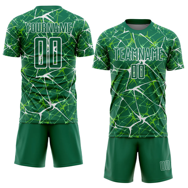 Custom Kelly Green-White Abstract Network Crackle Sublimation Soccer Uniform Jersey