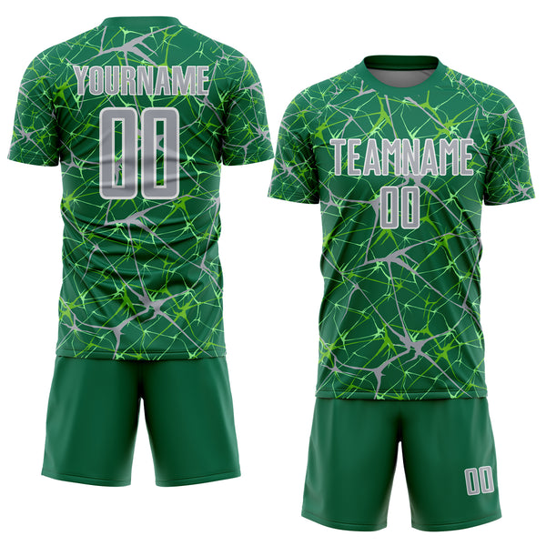 Custom Kelly Green Gray-White Abstract Network Crackle Sublimation Soccer Uniform Jersey