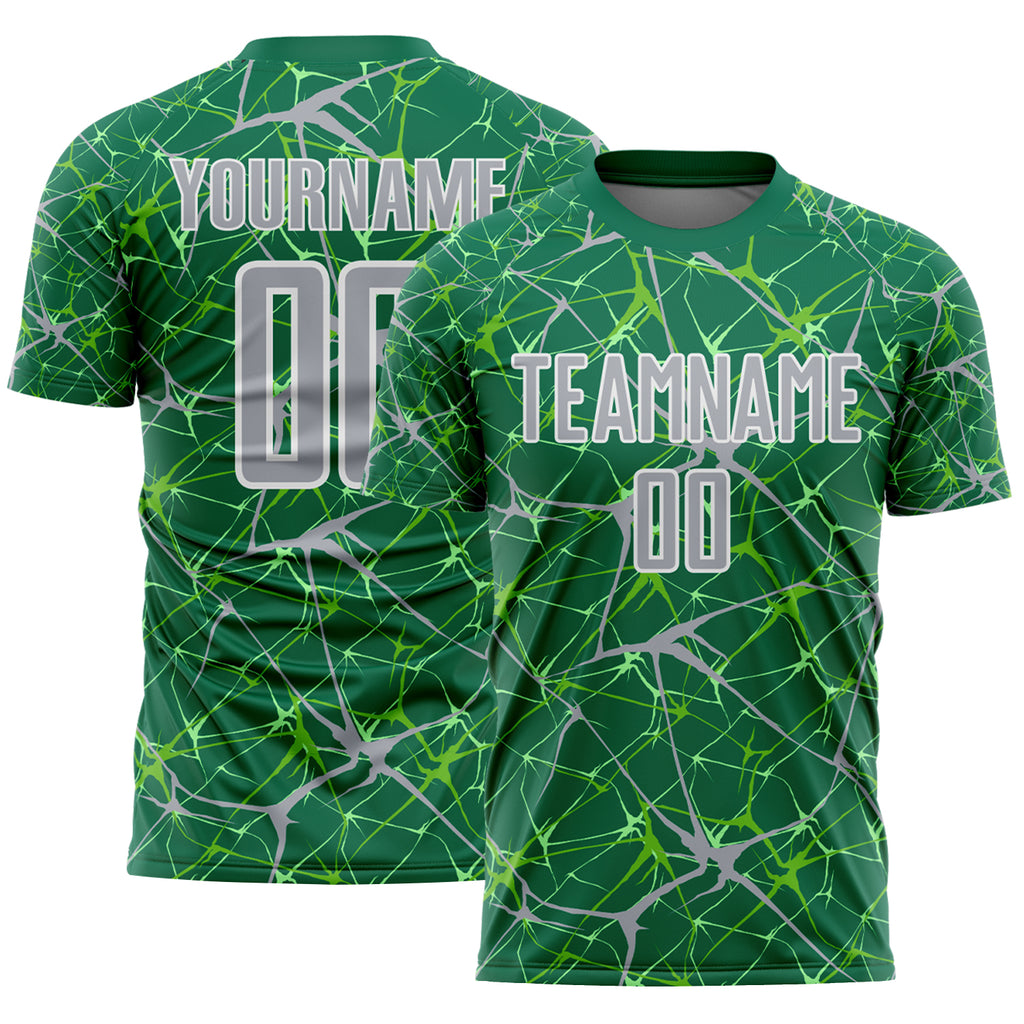Custom Kelly Green Gray-White Abstract Network Crackle Sublimation Soccer Uniform Jersey