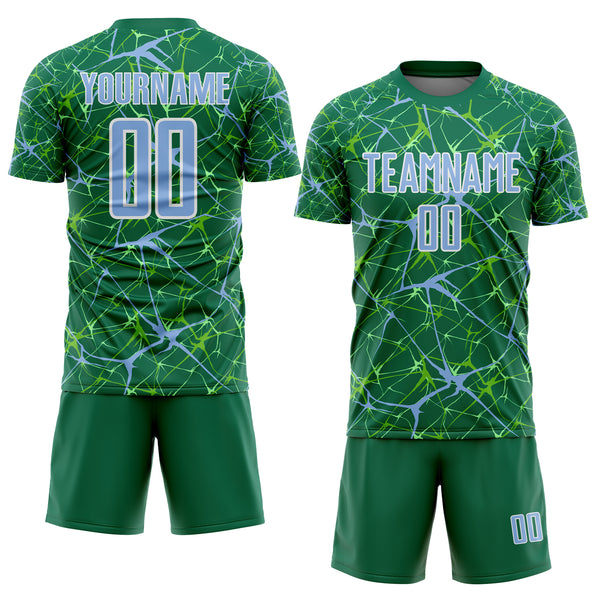 Custom Kelly Green Light Blue-White Abstract Network Crackle Sublimation Soccer Uniform Jersey