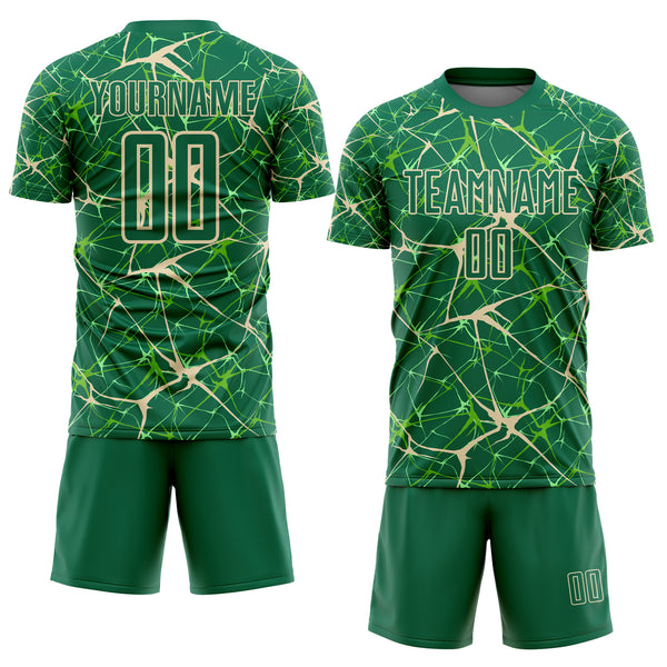 Custom Kelly Green-Cream Abstract Network Crackle Sublimation Soccer Uniform Jersey
