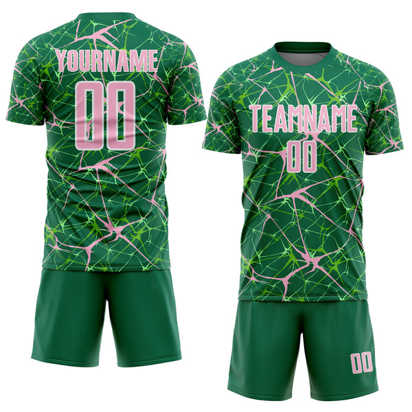 Custom Kelly Green Light Pink-White Abstract Network Crackle Sublimation Soccer Uniform Jersey