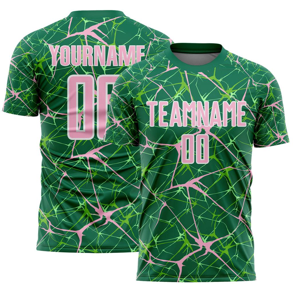 Custom Kelly Green Light Pink-White Abstract Network Crackle Sublimation Soccer Uniform Jersey