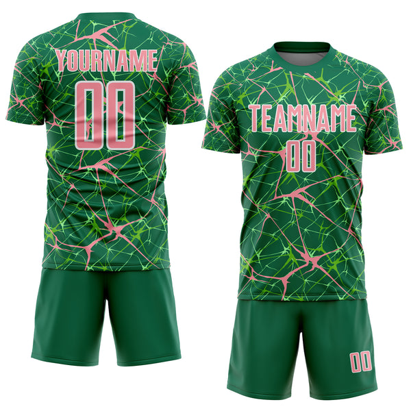 Custom Kelly Green Medium Pink-White Abstract Network Crackle Sublimation Soccer Uniform Jersey