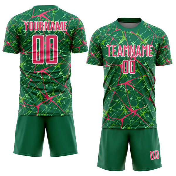 Custom Kelly Green Neon Pink-White Abstract Network Crackle Sublimation Soccer Uniform Jersey