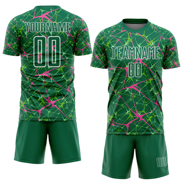 Custom Kelly Green Pink-White Abstract Network Crackle Sublimation Soccer Uniform Jersey