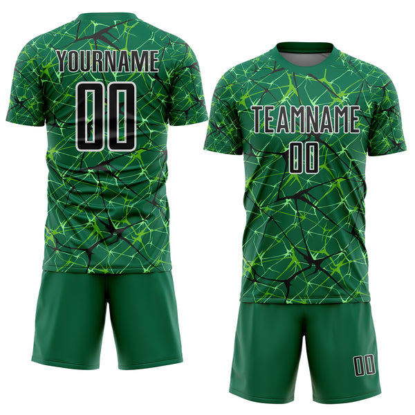 Custom Kelly Green Black-White Abstract Network Crackle Sublimation Soccer Uniform Jersey
