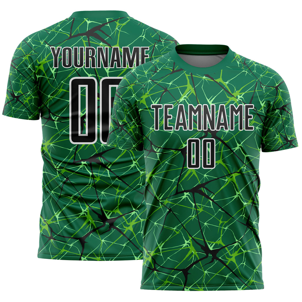 Custom Kelly Green Black-White Abstract Network Crackle Sublimation Soccer Uniform Jersey
