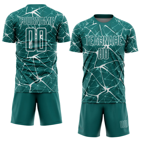 Custom Teal-White Abstract Network Crackle Sublimation Soccer Uniform Jersey