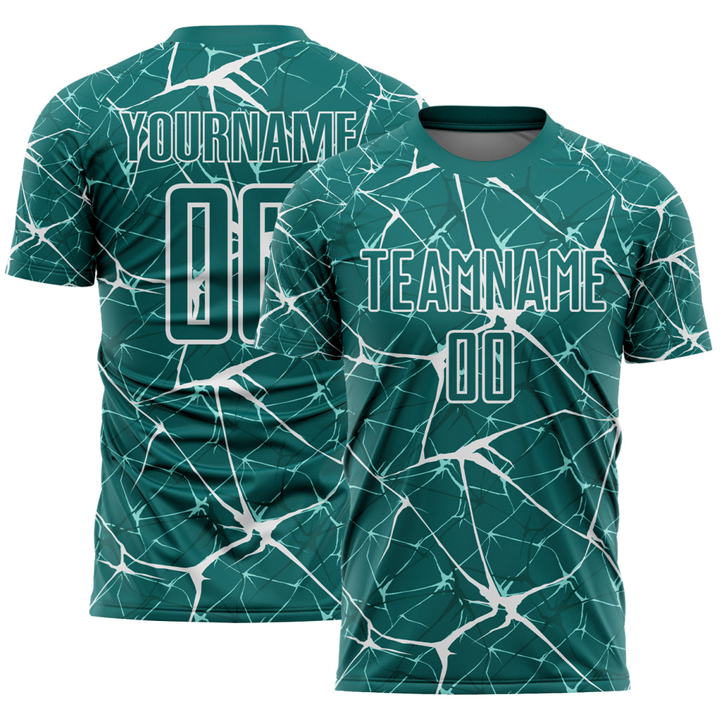 Custom Teal-White Abstract Network Crackle Sublimation Soccer Uniform Jersey