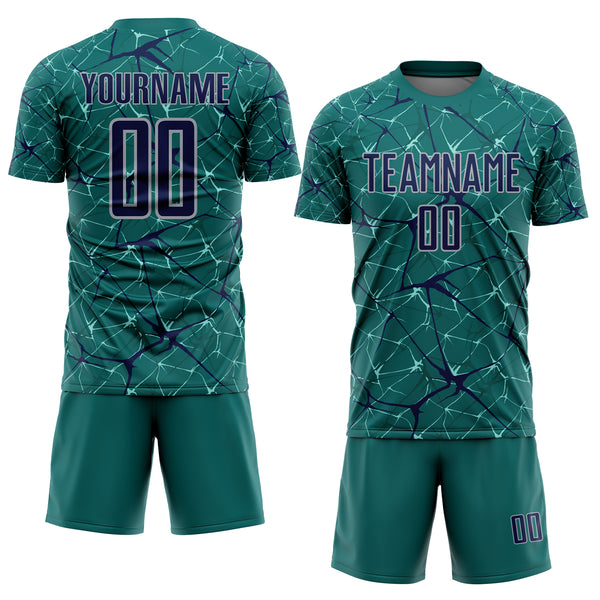 Custom Teal Navy-Gray Abstract Network Crackle Sublimation Soccer Uniform Jersey