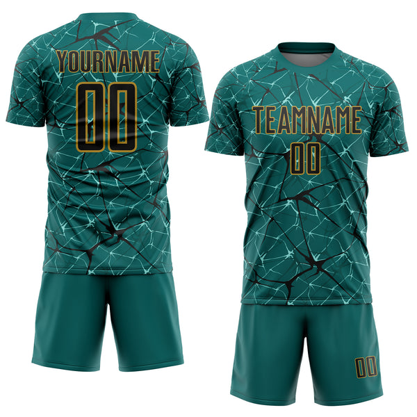 Custom Teal Black-Old Gold Abstract Network Crackle Sublimation Soccer Uniform Jersey