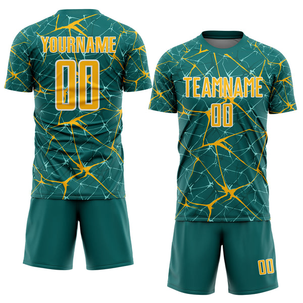 Custom Teal Gold-White Abstract Network Crackle Sublimation Soccer Uniform Jersey
