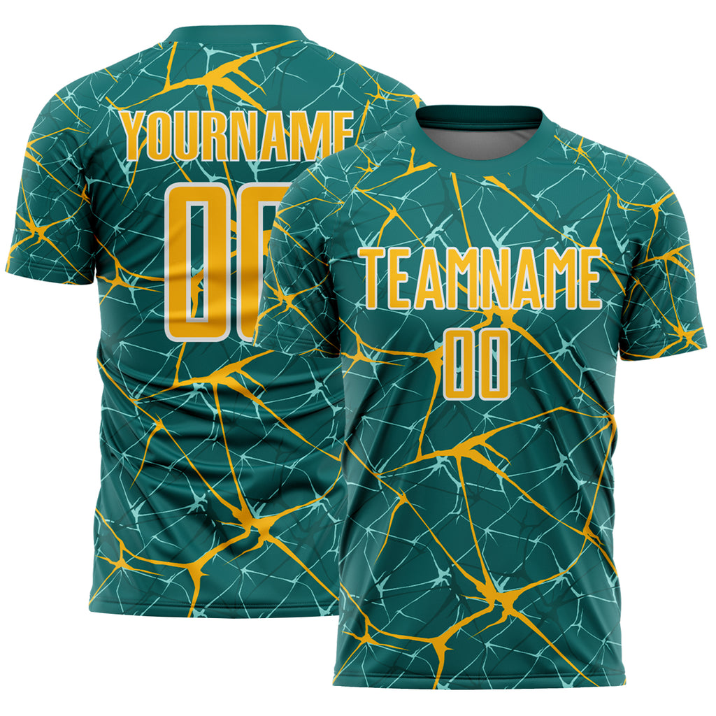 Custom Teal Gold-White Abstract Network Crackle Sublimation Soccer Uniform Jersey