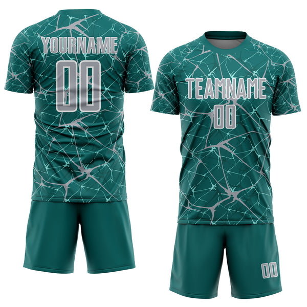Custom Teal Gray-White Abstract Network Crackle Sublimation Soccer Uniform Jersey