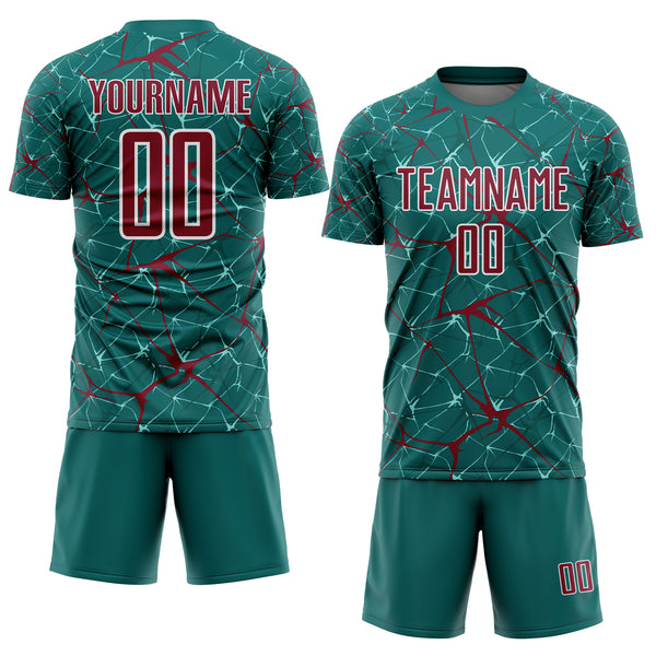 Custom Teal Crimson-White Abstract Network Crackle Sublimation Soccer Uniform Jersey