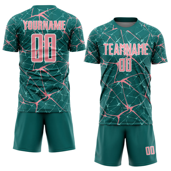 Custom Teal Medium Pink-White Abstract Network Crackle Sublimation Soccer Uniform Jersey