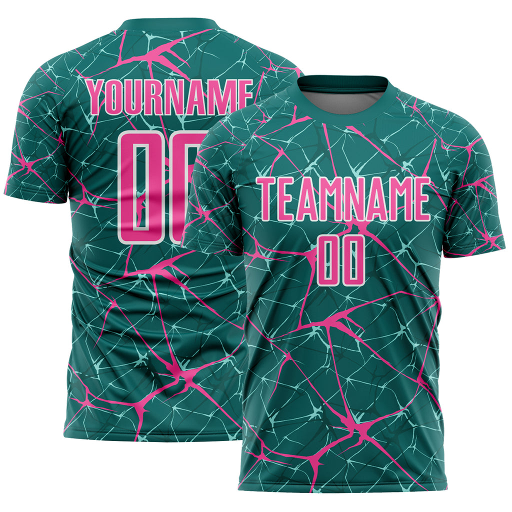 Custom Teal Pink-White Abstract Network Crackle Sublimation Soccer Uniform Jersey