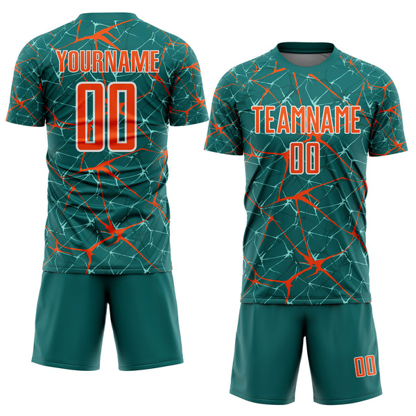 Custom Teal Orange-White Abstract Network Crackle Sublimation Soccer Uniform Jersey