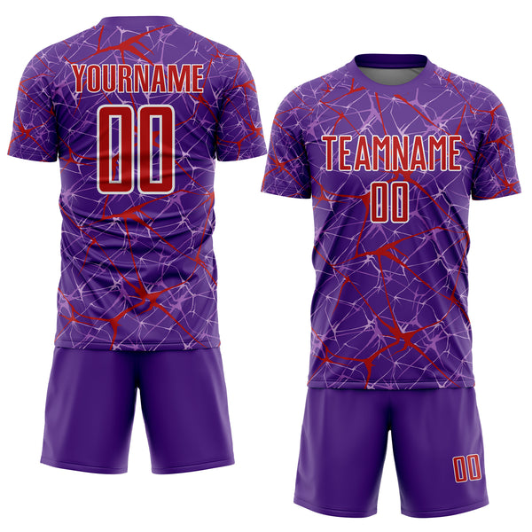 Custom Purple Red-White Abstract Network Crackle Sublimation Soccer Uniform Jersey