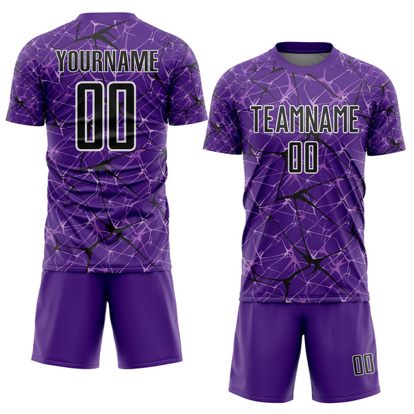 Custom Purple Black-White Abstract Network Crackle Sublimation Soccer Uniform Jersey