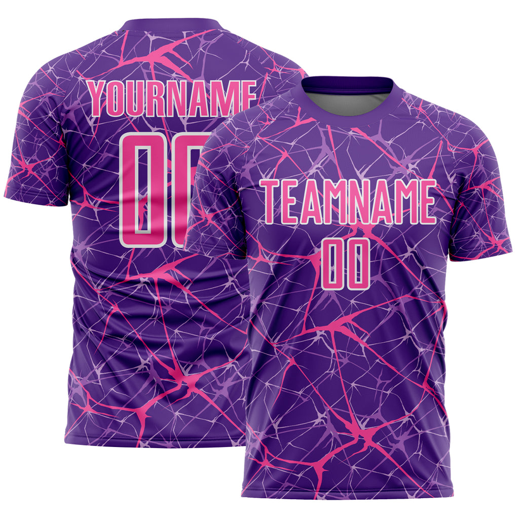 Custom Purple Pink-White Abstract Network Crackle Sublimation Soccer Uniform Jersey